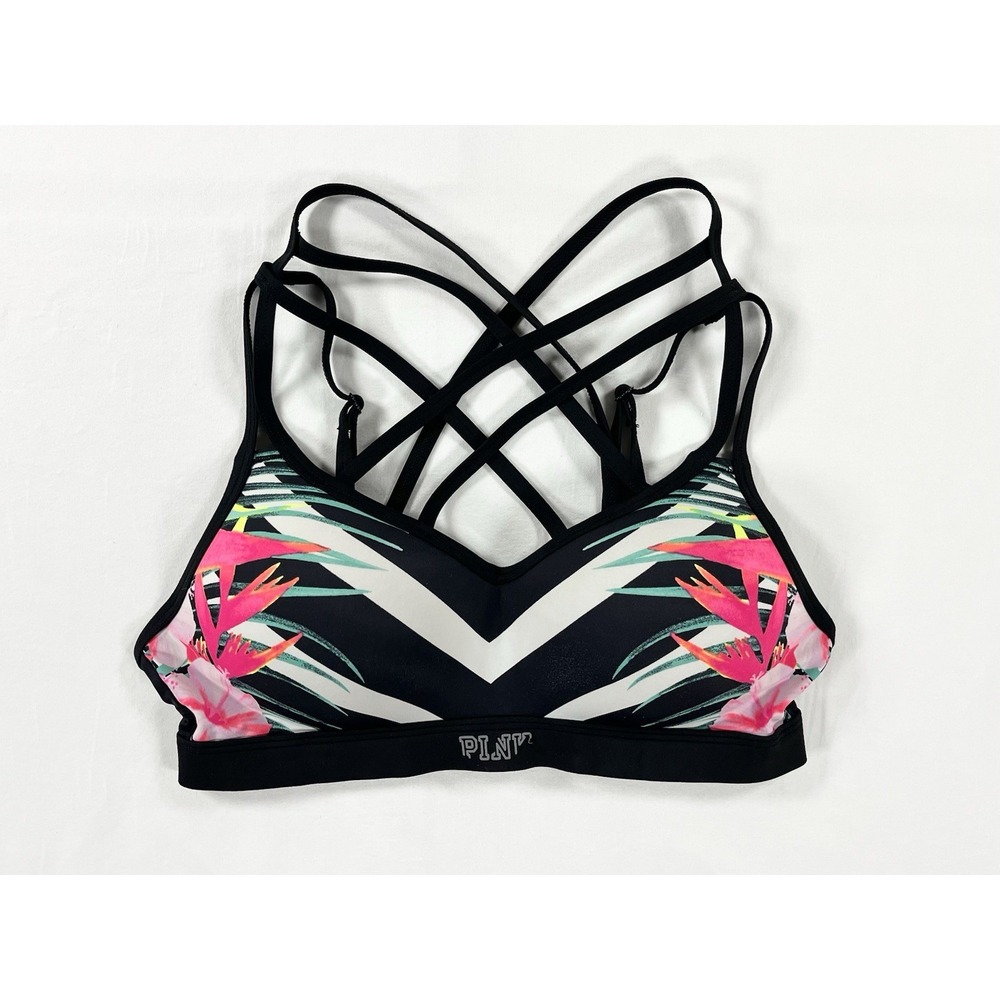 Victoria's Secret PINK Ultimate Unlined Sports Bra Cage Front Strappy Tropical S - Picture 3 of 9